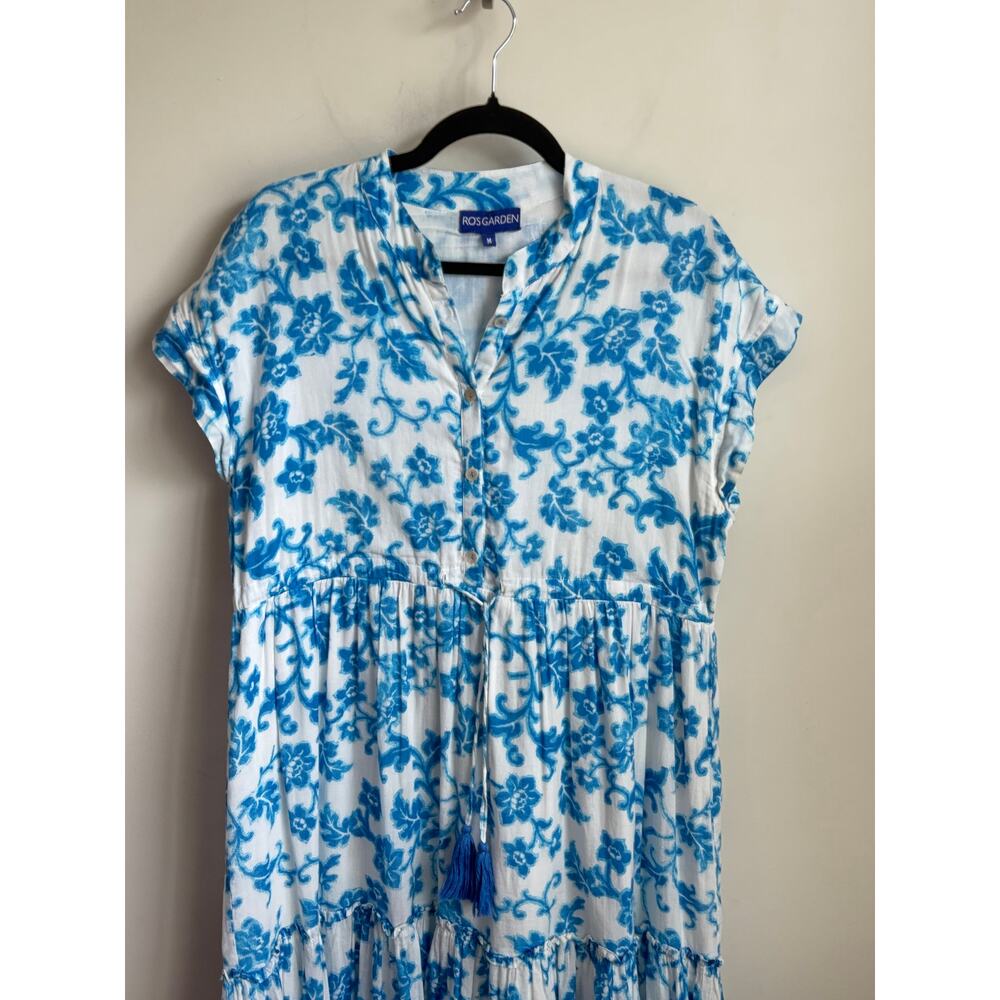 Ro's Garden Floral Print Cap Sleeve Tassel Tie Tiered Midi Dress White Blue Med - Picture 3 of 10